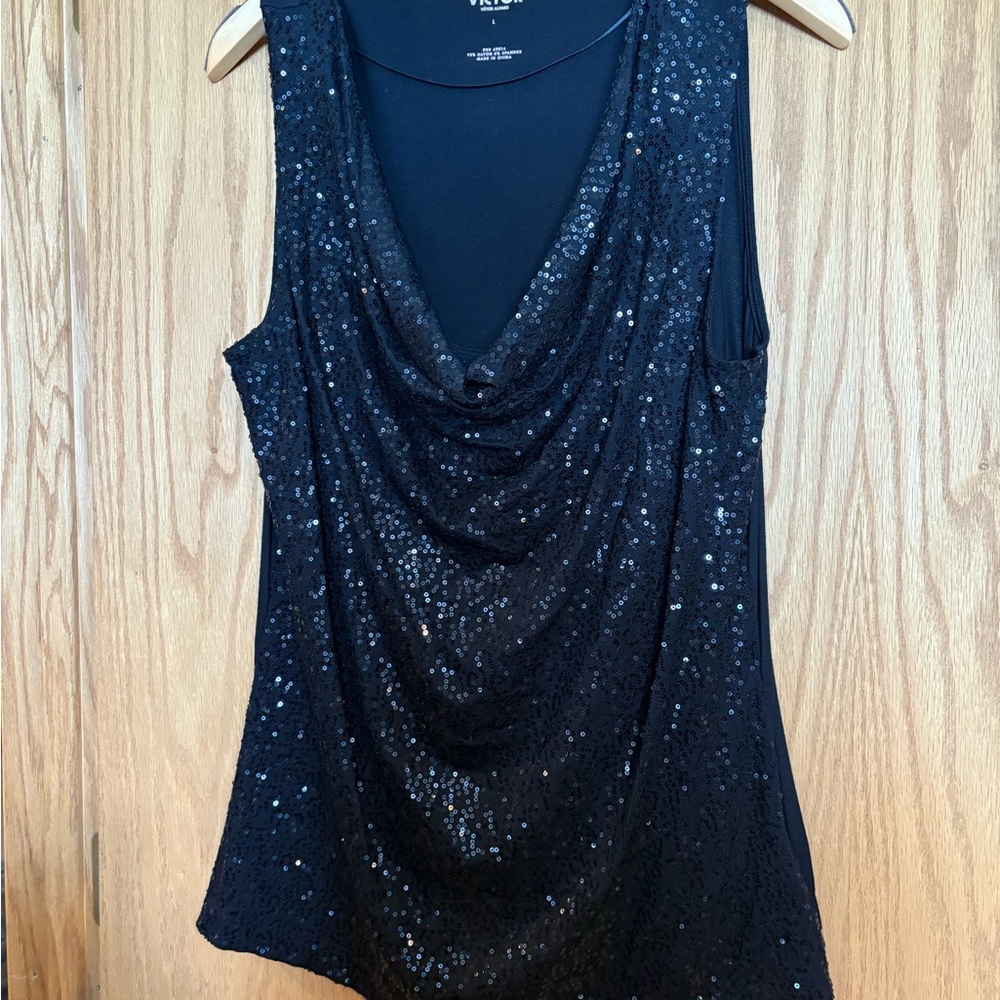 Victor Alfaro Black Sequin Asymmetrical Tank Top